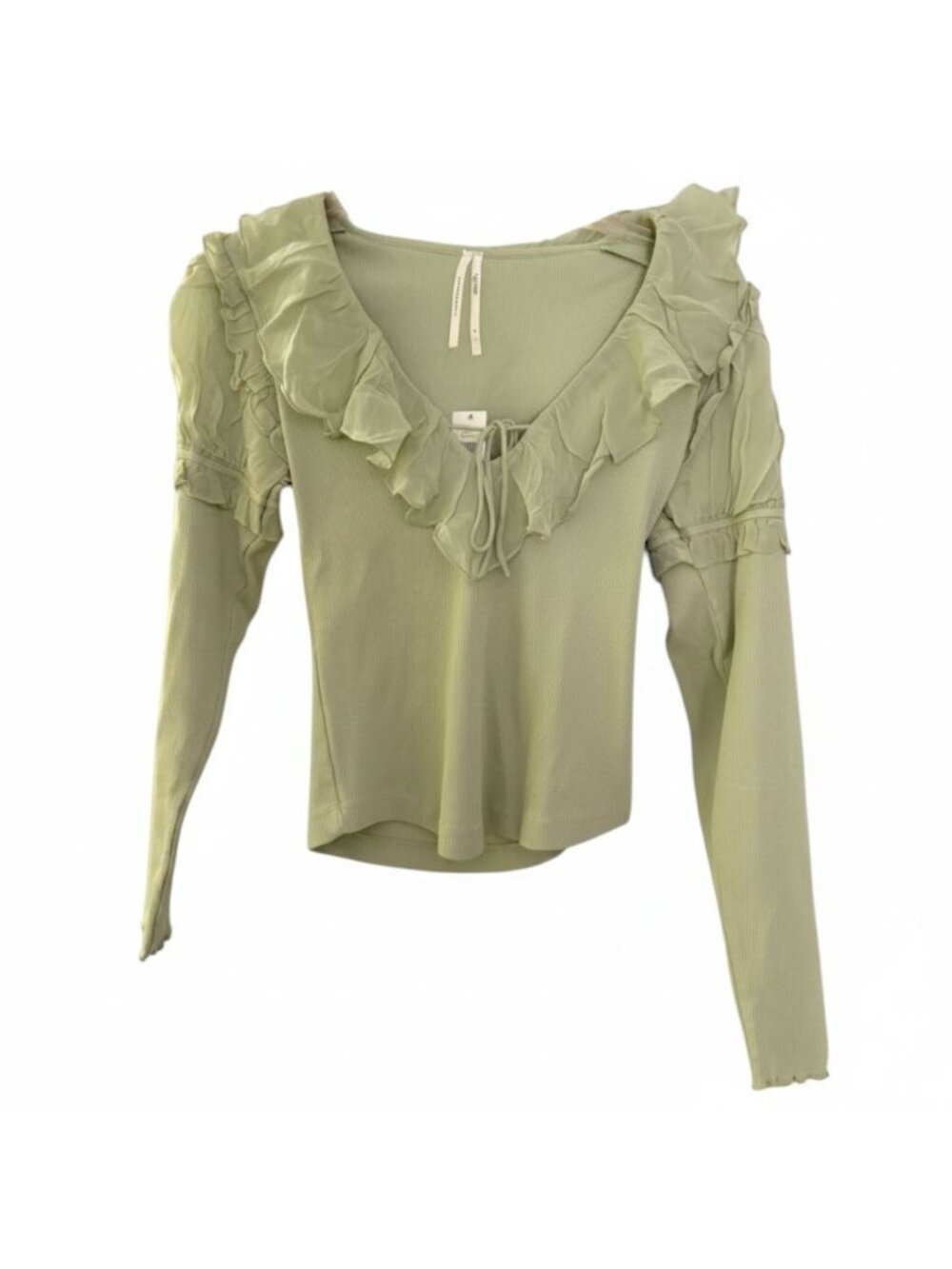 Anthropologie Celery Green Ruffled Ribbed Knit V-Neck Tie Front Long Sleeve Top